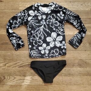 wonder nation Black & White Floral Long-Sleeve Rashguard Swim Set Xs 4/5